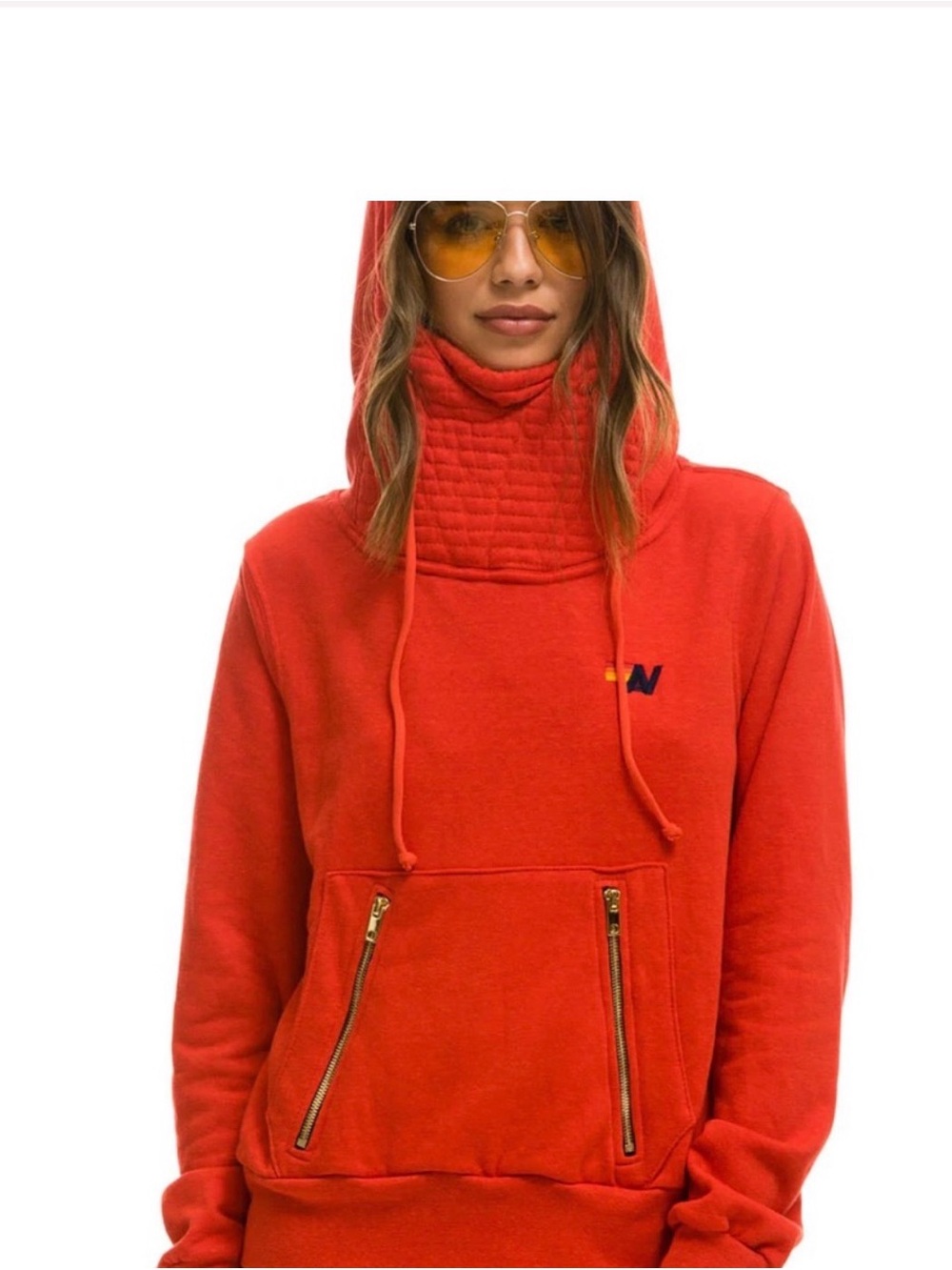 Aviator Nation Red Quilted Funnel Neck Hoodie with Zip Pocket